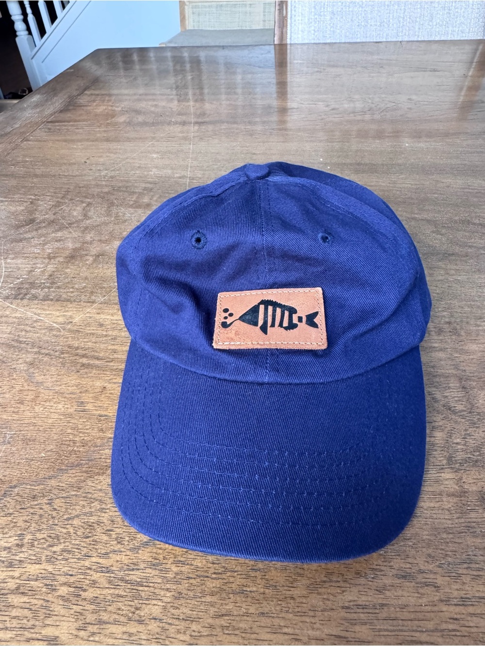 Sheepshead Maxwell Hat Navy Blue Fish Logo Leather Strapback Cap